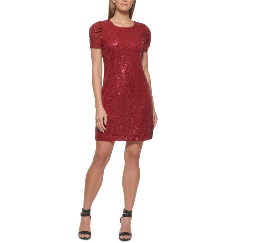 DKNY Red Cocktail Dress Sequined Short Sleeve Scoop Neck Mini Shift Size 8